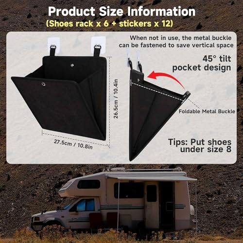 PUGPIU RV Camper Shoe Storage 6 Pack - Foldable Wall Mounted Shoe Rack Organizer - Self-Adhesive Rv Shoe Holder - Space Saving for Camper Essential Home Travel with Deep Pocket Fit 1 Pair Shoes, Black - size: 6