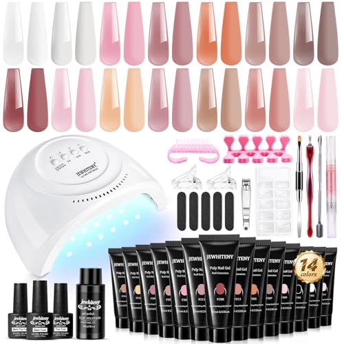 JEWHITENY 14 Colors Poly Extension Gel Nail Kit With U V Lamp Nude Pink White Brown All In One Poly Gel Starter Kit With Base Top Coat Manicure Salon Frence Nail Art DIY - color: A04