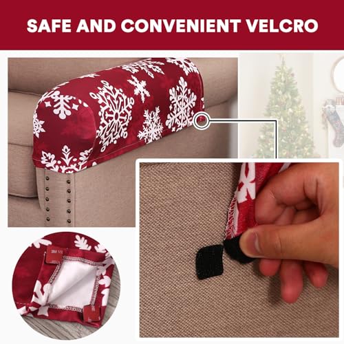 PrinceDeco Thick Velvet Stretch Armrest Covers for Chairs and Sofas Armchair Covers for Arms Couch Arm Cover Armrest Cover for Sofa Non Slip (2 Pack: Snowflakes) - color: Red