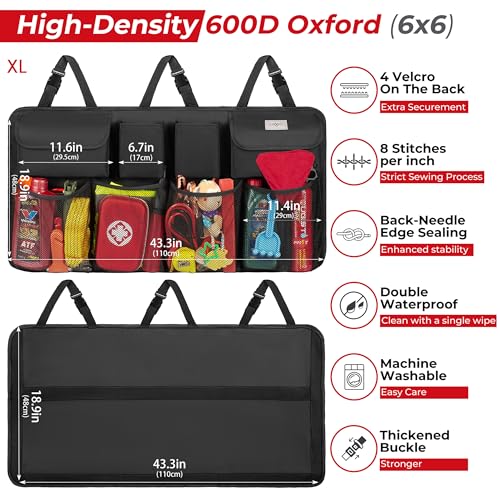SURDOCA Car Trunk Organizer, LARGE CAPACITY(43 x 19 in) Car Storage Bag with 8 Pockets, 7X Upgraded Trunk Storage Organizer for Car, SUV, Truck, MPV - color: Black, size: XL-43.3x18.9in