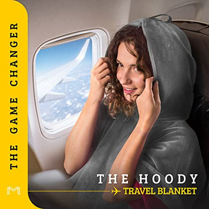 Travel Blanket Airplane Compact with Hoodie – 2in1 Airplane Travel Accessories from Plane Blanket to Travel Pillow with Luggage Strap, Soft Handle & Secure Pocket - color: Light Grey, size: 62x41''