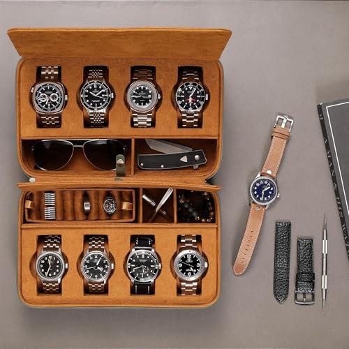 ROTHWELL 8 Watch Travel Case Storage Organizer for 8 Watches, Sunglasses, Rings & Cufflinks |Tough Portable Protection with Zipper Fits Most Wristwatches & Smart Watches Up to 50mm (Green/Tan) - color: Green/Tan