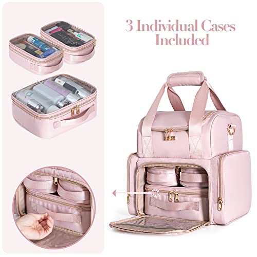 Large Makeup Cosmetic Bag with 3 Removable Case, Double Layer Travel Makeup Organizer Case with Inner Dividers and Makeup Brushes Storage Section, Pink (Patented Design) - color: Pink