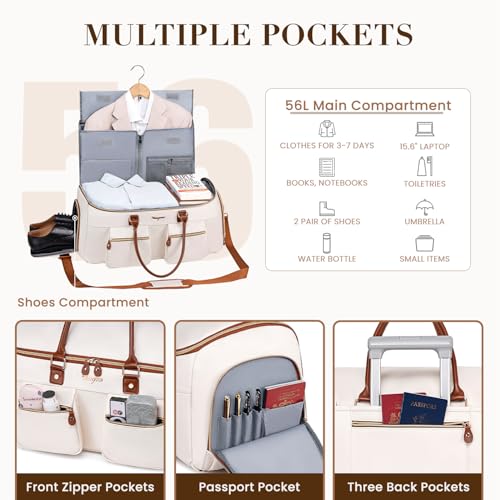 Convertible Garment Bag for Travel, PU Leather Carry On Garment Duffle Bag for Men Women, 2 in 1 Suit Travel Bags for Hanging Clothes with Shoe Compartment - color: Beige