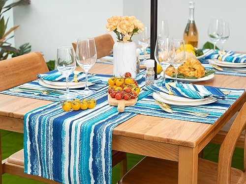 YiHomer Indoor Outdoor Tabletop for Spring Summer Decorations, Picnics and Dinner Parties - Stain and Water Resistant, Crayon Art (Ocean), Zipper Table Runner, 14 x 108 with Umbrella Hole - size: 14" x 108" (Zipper)