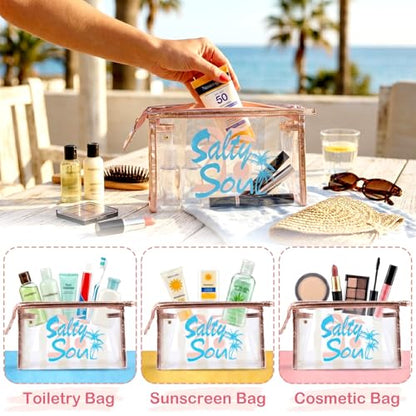COSHAYSOO Sunscreen Bag Clear Makeup Toiletry Pouch Beach Vacation Essentials for Women Teen Girls Trip Gifts Summer Pool Travel Must Have Accessories Waterproof Stuff - color: Multi-Salty Soul