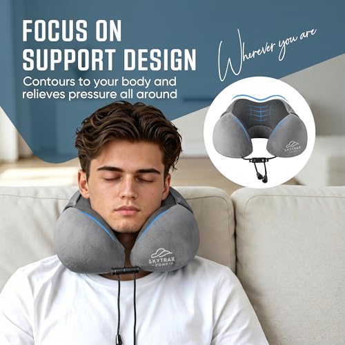 SkytraxComf® Travel Neck Pillow with Hood for Privacy on Long Flights | Memory Foam | Airplane Sleep | Safety-Tested Materials | Extra Large Hood | Chin Support | Earplugs | Washable Cover - color: Light Grey