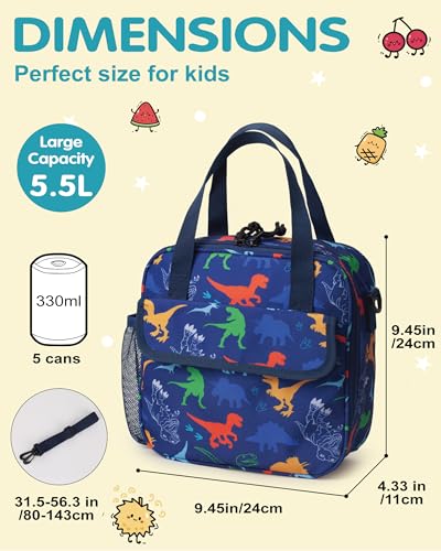 Dinosaur 5L Kids Insulated Lunch Bag Easy to Clean Leakproof Wipeable liner Side Water-bottle Holder Lunch Box for Kids with Shoulder Strap Kids Lunch Bag for School Travel Picnic - color: Dinosaurs