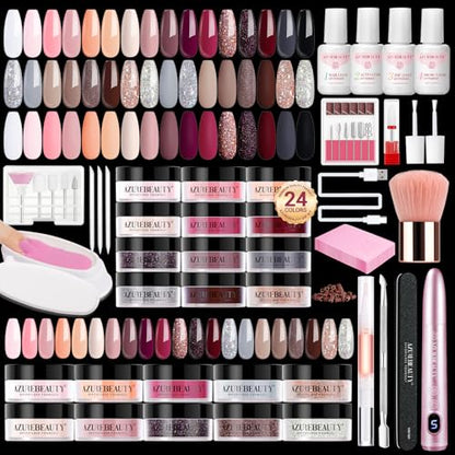 AzureBeauty Dip Powder Nail Kit with Electric Nail Drill, 24 Colors Nude Pink Glitter Nail Powder Starter Kit with Dip Liquids Base Top Coat Activator Portable Manicure French Nail Art Essential Set - color: Nude Pink Glitter