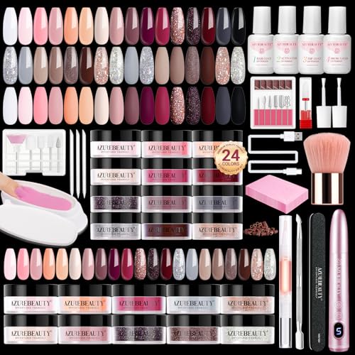 AzureBeauty Dip Powder Nail Kit with Electric Nail Drill, 24 Colors Nude Pink Glitter Nail Powder Starter Kit with Dip Liquids Base Top Coat Activator Portable Manicure French Nail Art Essential Set - color: Nude Pink Glitter