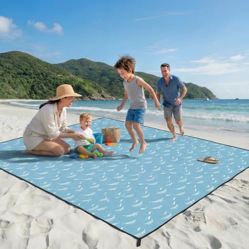 OIGAE Family Beach Blanket, 7×8 ft Sand-Free Picnic Mat for 1–4 People, Quick-Dry Lightweight Outdoor Blanket with Stakes & Corner Pockets, Whale, Light Blue - color: Light Blue Whale, size: 7x8 Ft (2～5 person)