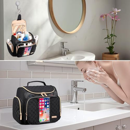 Large Toiletry Bag for Women Men,Bathroom Bag,Water Resistant Shower Bag,Makeup Bag,Toiletry Bags for Traveling,Hanging Toiletry Bag with Transparent Waterproof Phone Pocket (Black) - color: Black