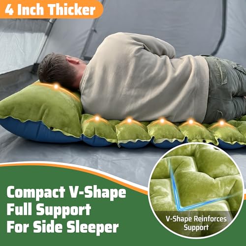 Camping Sleeping Pad, 4in Extra-Thick Inflatable Sleep Mat with Built-in Foot Pump & Pillow, Compact Camp Air Mattress for Backpacking, Hiking, Tent, Car, Travel Gear - color: Crystal Velvet Green+blue Nylon