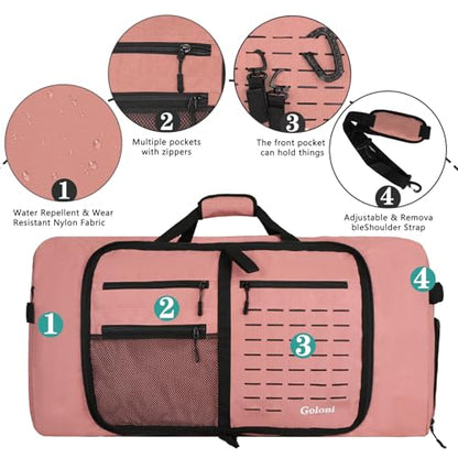 Foldable Travel Duffle Bag for Men Women, Waterproof with Shoe Compartment, 80L 120L Large Collapsible Luggage Bag, Lightweight Packable Duffel for Travel Sports Gym Airline Carry On Checked Bag - color: Pink