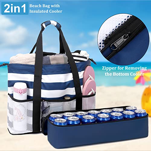 JIANYA Beach Bag Women Waterproof Sandproof Beach Tote Bags with Cooler Top Zipper Large Totes for Pool Travel Daily - color: Blue Stripes