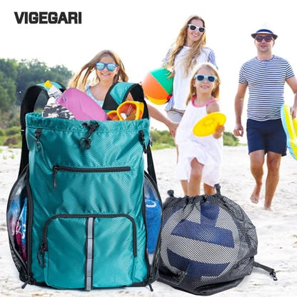 Large Beach Backpack Waterproof Sandproof - Customized Oversized Drawstring Pool Bag with Shoe Compartment for Toiletries, Towels, Gym, Travel - color: Teal