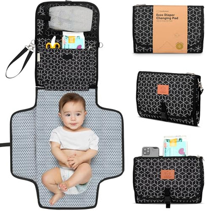 KeaBabies Portable Diaper Changing Pad, Travel, Car - Large Waterproof Baby Changing Mat, Wipeable, Padded, On The Go Travel Diaper Clutch Bag, Easy to Use Pockets for Newborn Essentials (Black Geo) - color: Black Geo