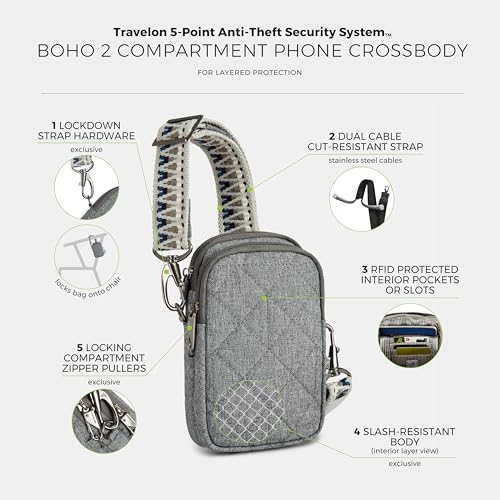 Travelon Anti-Theft Boho 2 Compartment Phone Crossbody - color: Gray Heather