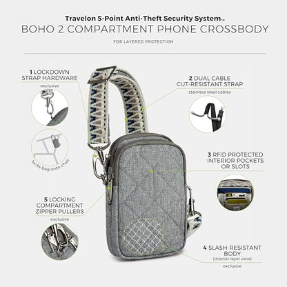 Travelon Anti-Theft Boho 2 Compartment Phone Crossbody - color: Gray Heather