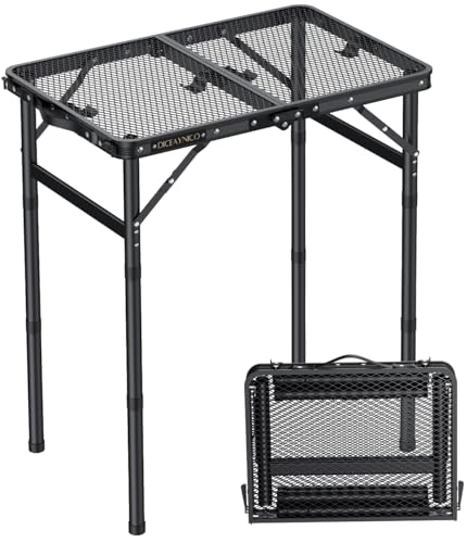 Folding Camping Table, 22" x 15" Picnic Table with 3 Adjustable Height Max 27.5", Matte Black Aluminum Folding Table with Handle for Party, Dining, Garden, Patio, Market (2-Fold Mesh Tabletop) - style: 2-Fold Mesh Tabletop