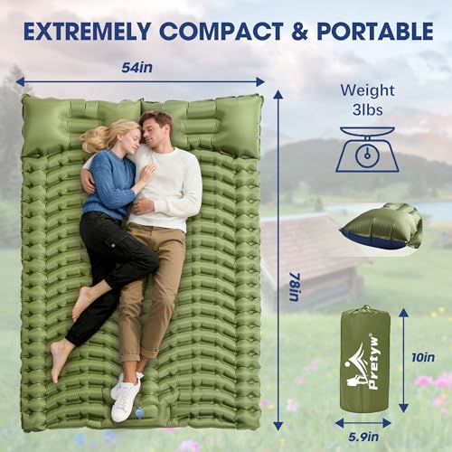 Double Sleeping Pad for Camping - Ultralight Camping Mattress with Pillow, Built-in Foot Pump, Compact Inflatable 2-Person Portable Mat for Backpacking, Hiking, Car Traveling, Beach, Tent - color: Olive Green