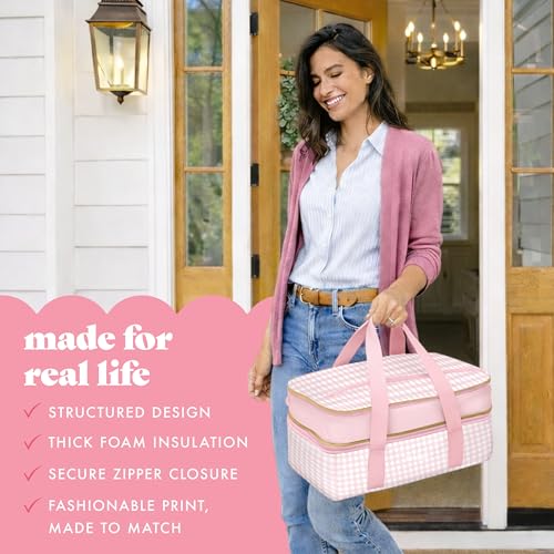 Fit & Fresh Insulated Casserole Carrier - Double Decker Food Carrier Fits Two 9x13 Dishes, Expandable Hot & Cold Food Transport Bag with Zipper Pocket for Potluck, Easter & Travel, Pink Gingham - color: Pink Gingham