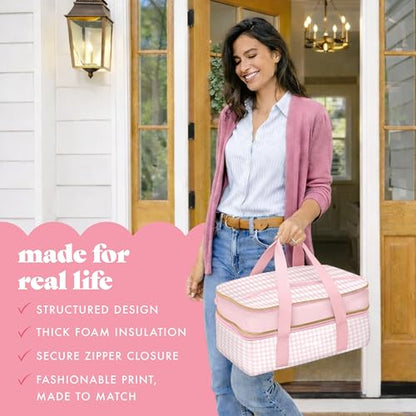 Fit & Fresh Insulated Casserole Carrier - Double Decker Food Carrier Fits Two 9x13 Dishes, Expandable Hot & Cold Food Transport Bag with Zipper Pocket for Potluck, Easter & Travel, Pink Gingham - color: Pink Gingham