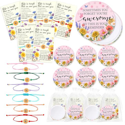 24 Sets Mothers Day Bulk Gifts - Inspirational Compact Mirror with Sunflower Bracelet Cards Mini Pocket Mirror for Appreciation Volunteer Admin Employee Teacher Nurse