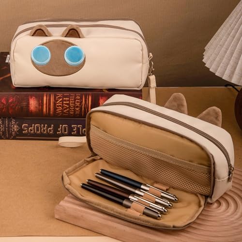 Hongdian Large Capacity Pencil Case, 3D Cat Pen Bags Pencil Pouch Organizer for Office College School - color: Tan