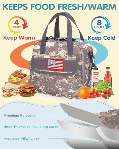 Tactical-style Lunch Bag 5L Kids Lunch Bag with Adjustable Shoulder Strap Easy to Clean Leakproof Wipeable liner Toddler Lunch Box Bag for Boys Girls School and Daycare - color: ACU Camo