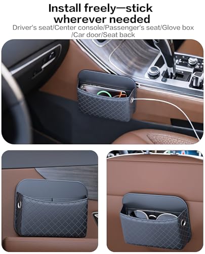 Self-Adhesive Car Seat Side Pocket Organizer with Cable Port - Black PU Leather Storage Pouch for Phone & Keys, Fits Gaps, Console & Door (2 PCS)