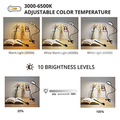 Clip on Light Reading Lights with Cell Phone Holder,Eye Protection Kids Desk Lamp, 360 ° Flexible Gooseneck Selfie Ring Light， LED Makeup Mirror Lights… (Selfie Ring Light with Cell Phone Holder)