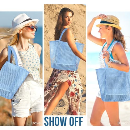HOHOM Beach Bags for Women, Summer Travel Mesh Tote Bag with Large Inner Pocket, Sandproof Woven Shoulder Handbag - color: Harbor Blue