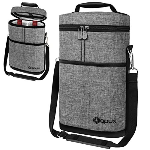opux 2 Bottle Wine Carrier Tote, Insulated Leakproof Wine Cooler Bag, Wine Travel Bag for Picnic BYOB Beach, Portable Wine Bottle Carrying Case, Gift for Wine Lover Women Men Christmas, Heather Grey - color: Heather Gray