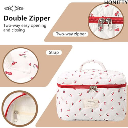honitty Makeup Bag,Quilted Cosmetic Bags,Large Floral Make Up Organize bag,Makeup Bag Set for Women,Flower Travel Toiletry Bag - color: Cherry-2