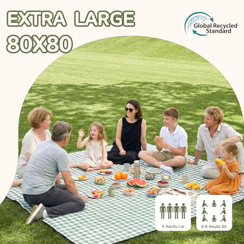 Genovega Waterproof Picnic Blanket Beach Outdoor Camping Mat Rug Extra Large Foldable Cute Big Travel Essential Accessories Gift Park Patio Lawn Garden Grass Play Music Festival Concert Must Have - color: Checkered Green