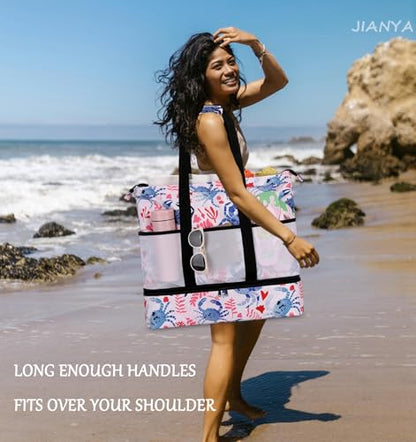 JIANYA Beach Bag Women Waterproof Sandproof Beach Tote Bags with Cooler Top Zipper Large Totes for Pool Travel Daily - color: Blue Crab