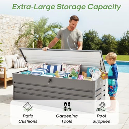 260 Gallon Metal Outdoor Deck Box, Waterproof Extra Large Patio Storage Box with Lockable Lid for Cushions, Pool Accessories, Garden Tools (Light Gray)