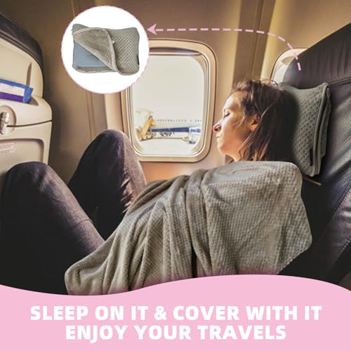 3 in 1 Travel Blanket Pillow Set - 350 GSM Thick Travel Blanket Airplane Compact with Bag, Soft Bag with a Pocket, Inflatable Travel Pillow for Camping & Car Trip (Light Coffee) - color: Light Coffee