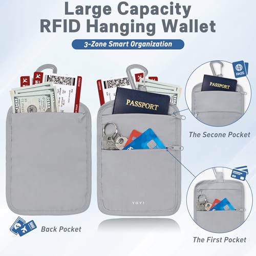 Hidden Travel Wallet Belt Wallet – Large Capacity Passport Holder & Hidden Money Pouch, 3-Zone Organizer Anti-Theft Waist Wallet with Dual Clip Belt & Carabiner - color: Grey