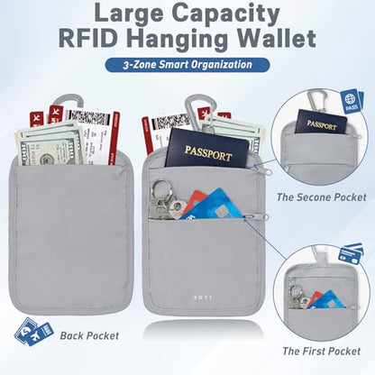 Hidden Travel Wallet Belt Wallet – Large Capacity Passport Holder & Hidden Money Pouch, 3-Zone Organizer Anti-Theft Waist Wallet with Dual Clip Belt & Carabiner - color: Grey