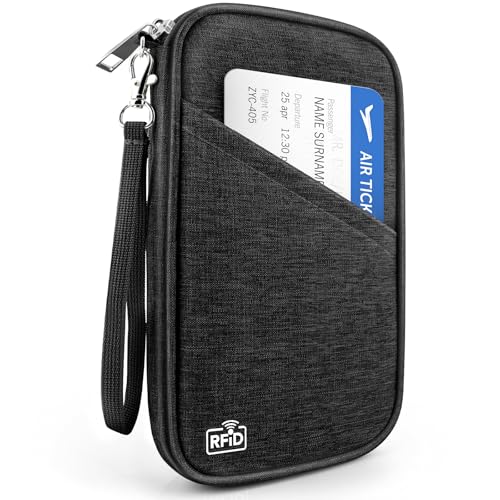 Passport Holder Family RFID Travel Document Organizer for Women Waterproof Passport Wallet Men Portable Case for Cards, Boarding Pass, ID, Money, Tickets with Zipper - color: Black Wallet