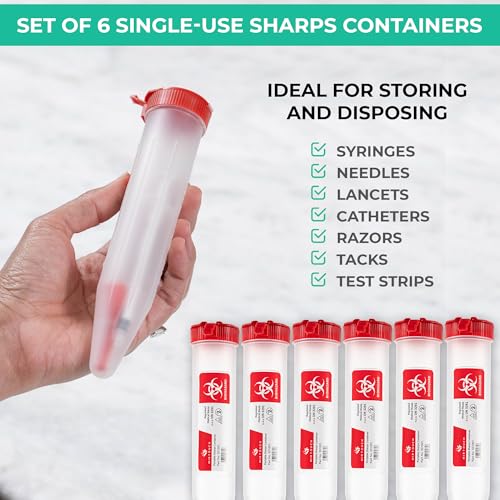Sharps-Shuttle - Single Use Travel Sharps Container for Needles Syringes - Portable Small Sharp Containers with Locking Lid, Puncture Resistant Transportable Needle Disposal Containers 6 Pack - size: 6.5in Pointed-End (6Pk)