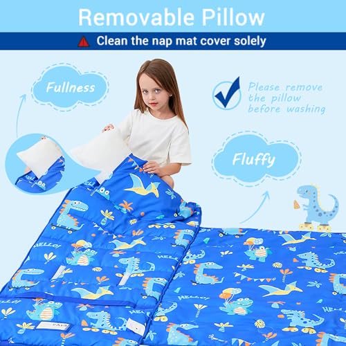 Lasoftan Toddler Nap Mat with Pillow and Blanket, Extra Large Rolled Napping Mats,Slumber Bags for Boys Girls,Kids Sleeping Bag for Daycare, Preschool Travel Camping - color: Blue Dinosaurs