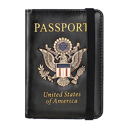 Passport Holder and Card Slot Combo RFID Blocking Leather Travel Passport Wallet for Men and Women US Passport Cover, Black - color: black