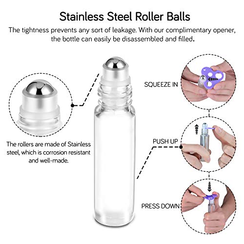 PrettyCare Essential Oil Roller Bottles 10ml (24 Pack Clear Glass Bottle with Bamboo Lid, 4 Extra Roller Balls，48 Labels, 2 Openers, 2 Funnels, 4 Droppers, Roller Balls For Essential Oils - color: Clear with Wooden Cap, size: 24 Pack