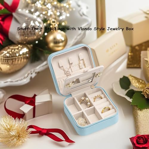 Vlando Small Travel Jewelry Box Organizer - Mirrored Jewelries Necklaces Rings Earrings Necklace Storage Case, Baby Blue - color: a. Baby Blue