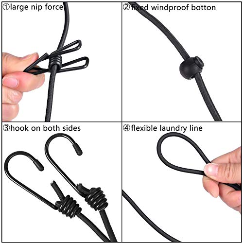 1 Pack Portable Clothesline with 12 Clothespins, Windproof Travel Clothesline Stretchy Retractable Elastic Laundry Clothes Line for Backyard, Vacation Hotel, Balcony Clothes Drying Line - size: 1P - Black