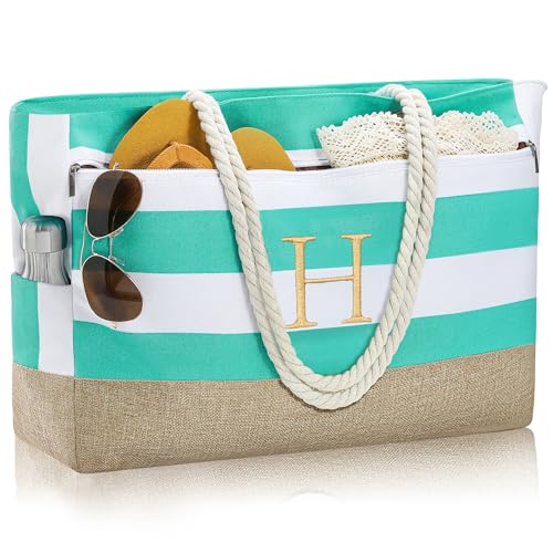 YOOLIFE Large Initial Beach Bag Waterproof Tote Zipper Bag Personalized Gifts for Women Her Birthday Travel Beach Essential - color: Light Blue, style: H