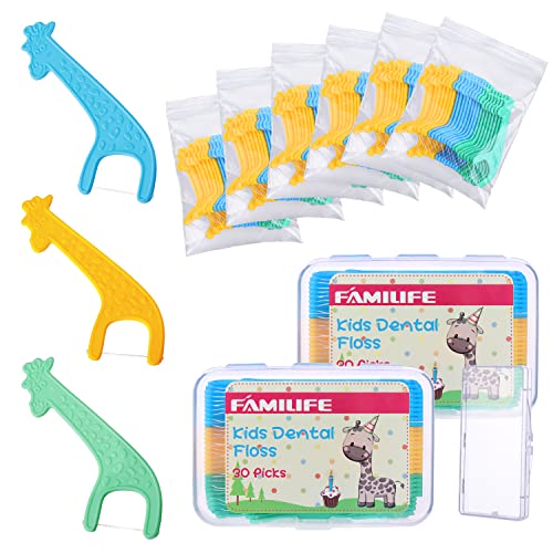 FAMILIFE Kid's Dental Floss Picks, Unflavored Tooth Pick Flossers Children with Portable Travel Cases Refills Pack, 204 Pcs - color: Giraffe 204 Pcs